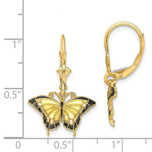 14k Yellow Gold Enamel Yellow Butterfly Leverback Dangle Earrings