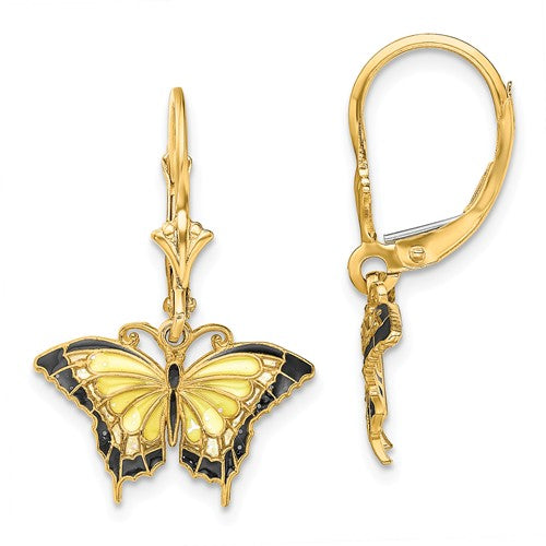 14k Yellow Gold Enamel Yellow Butterfly Leverback Dangle Earrings