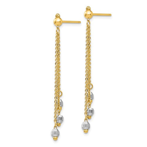 14k Yellow White Gold Two Tone Multi Chain Faceted Bead Ball Dangle Earrings