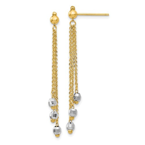 14k Yellow White Gold Two Tone Multi Chain Faceted Bead Ball Dangle Earrings
