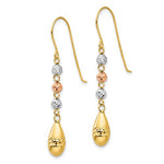 Indlæs billede til gallerivisning 14k Yellow Rose White Gold Tri Color Puffy Teardrop Beads Hook Dangle Earrings
