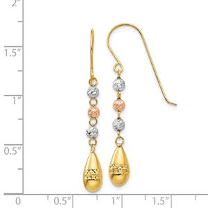 14k Yellow Rose White Gold Tri Color Puffy Teardrop Beads Hook Dangle Earrings