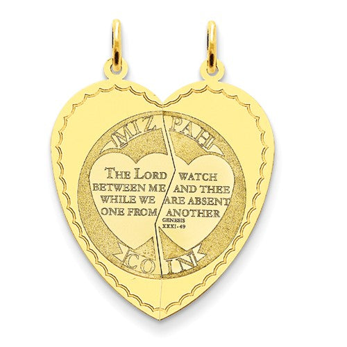 14k yellow gold heart mizpah 2 piece pendant charm
