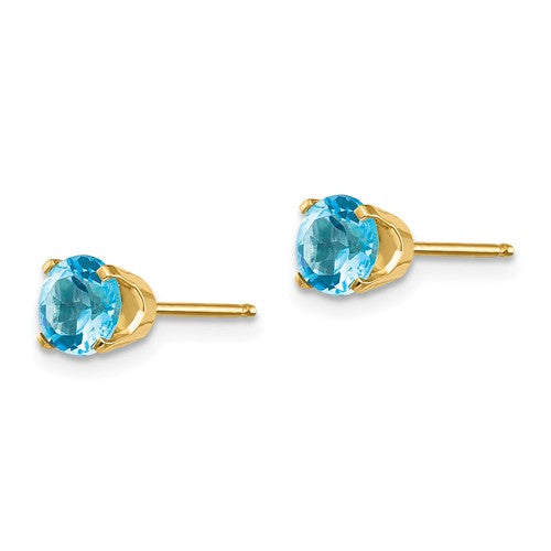 14k Yellow Gold 5mm Round Blue Topaz Stud Earrings December Birthstone