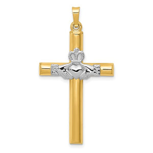 14k Yellow White Gold Two Tone Claddagh Celtic Cross Pendant Charm