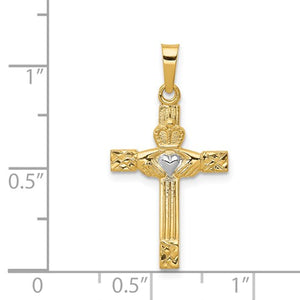 14k Yellow Gold and Rhodium Claddagh Celtic Cross Pendant Charm