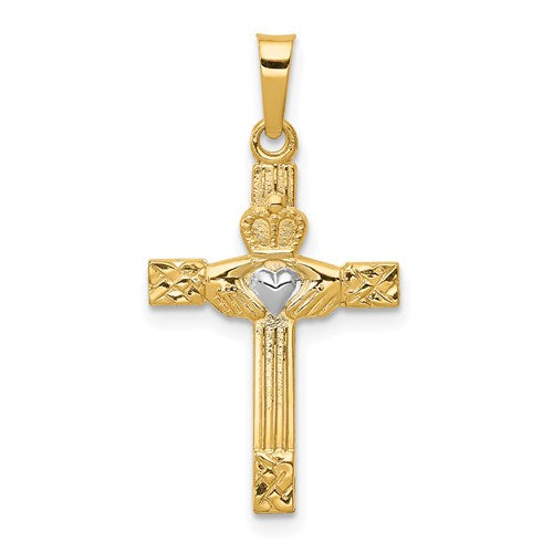 14k Yellow Gold and Rhodium Claddagh Celtic Cross Pendant Charm