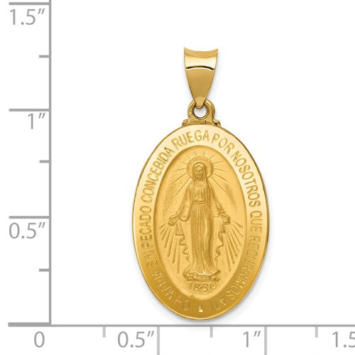 14k Yellow Gold Blessed Virgin Mary Miraculous Medal Oval Spanish Version Pendant Charm