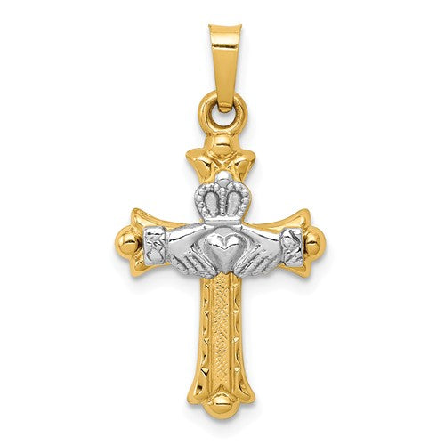 14k Yellow White Gold Two Tone Celtic Claddagh Cross Pendant Charm