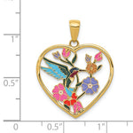 Załaduj obraz do przeglądarki galerii, 14k Yellow Gold Enamel Hummingbird Flowers Heart Pendant Charm
