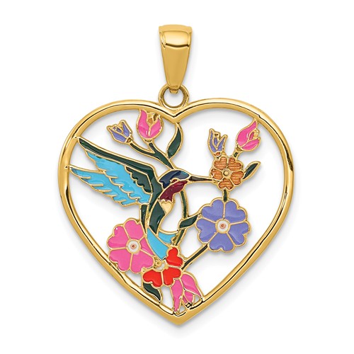 14k Yellow Gold Enamel Hummingbird Flowers Heart Pendant Charm