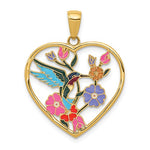 이미지를 갤러리 뷰어에 로드 , 14k Yellow Gold Enamel Hummingbird Flowers Heart Pendant Charm
